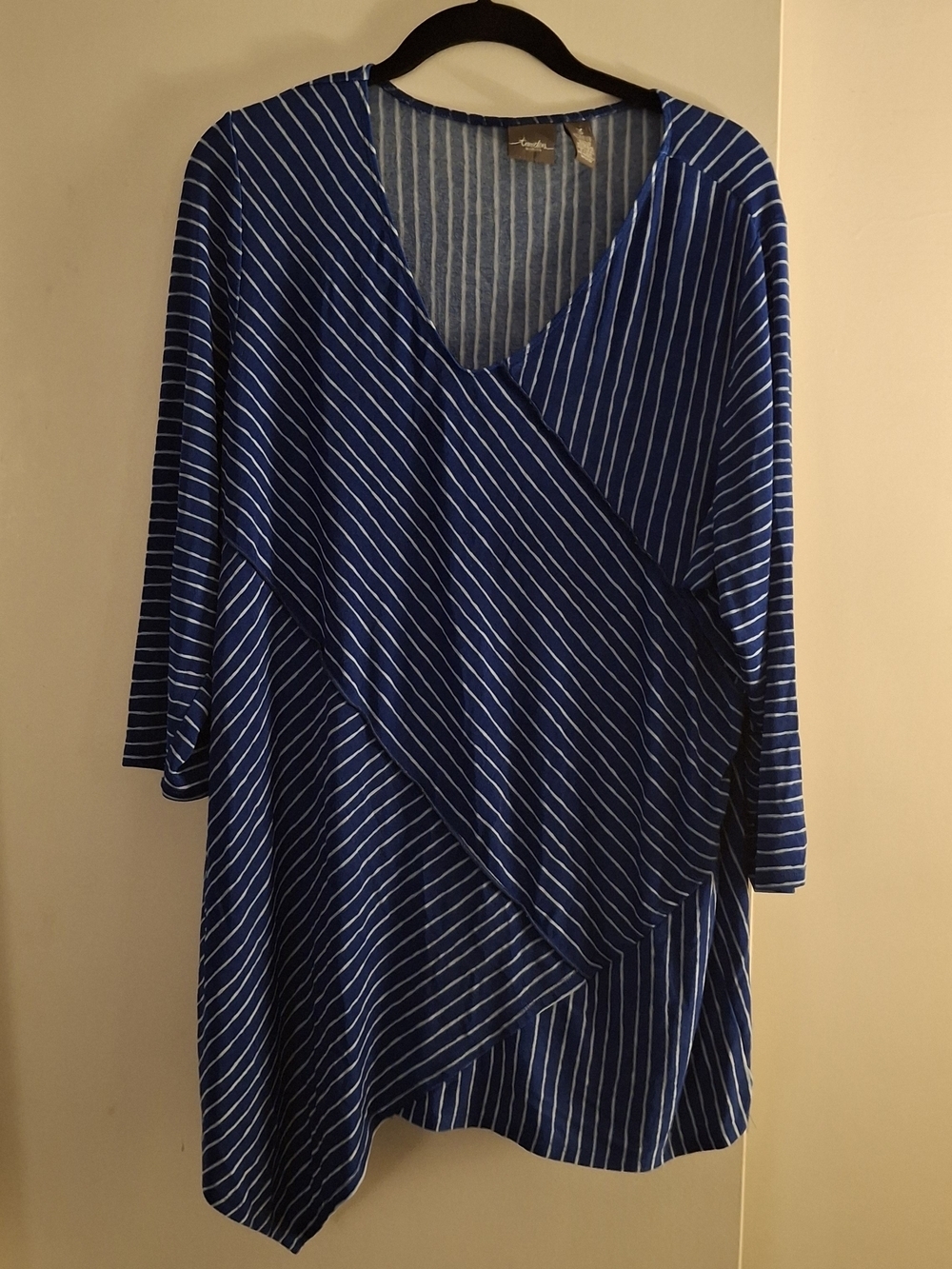 Chico's Women's Royal Blue and White Striped V-Neck Asymmetric Hem Tunic